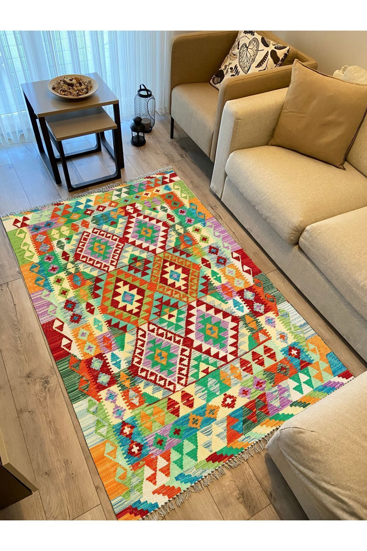 Cotton Kilim 64 Yeşil Geleneksel Motifler Modern Dekoratif Saçaklı Yıkanabilen Dokuma Kilim