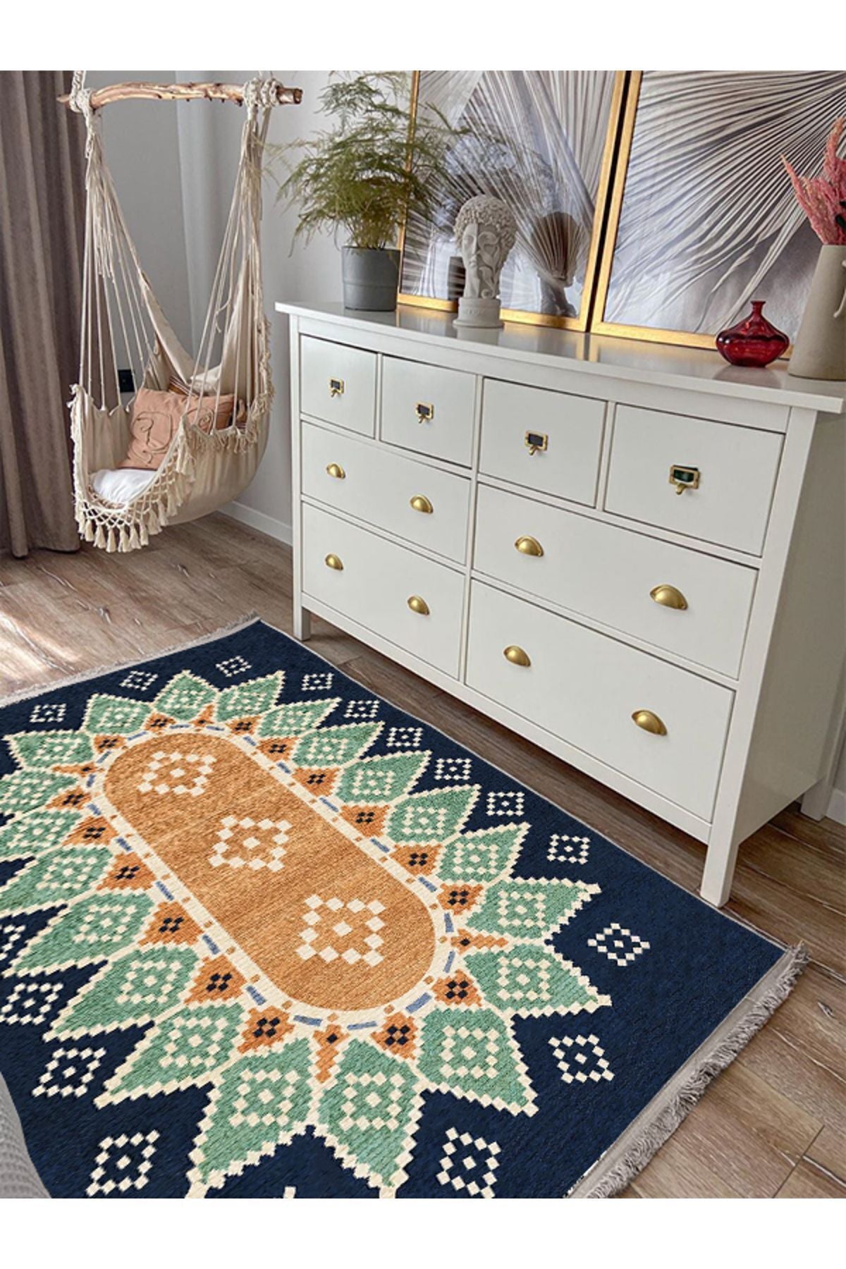 Halı Vagonu114 Mavi Tonlarında Klasık Dekoratif Kilim Salon Halısı Saçaklı Yıkanabilen Halı
