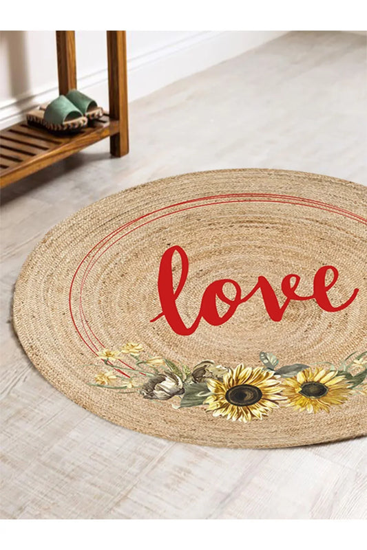 Boho 911 Jüt Doğa Iplik Ile Üretilmiş Love Desenli Yuvarlak Natural Renk Çift Taraflı Halı - HALI VAGONU
