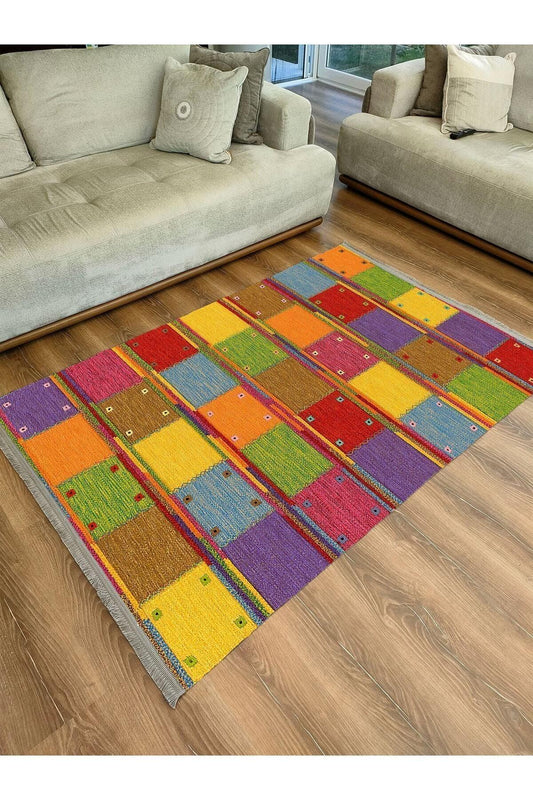 Halı Vagonu Serisi Kareli Multy Tonlarında Desen Kaymaz Taban Şönil Halı - HALI VAGONU