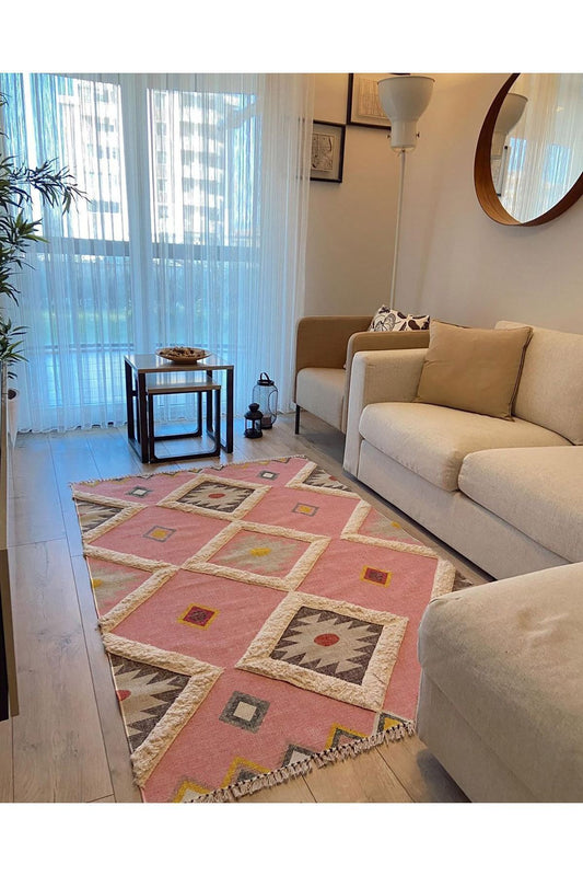 Tafting Kilim Serisi Üzeri Peluşlu Dokuma Taban Dekoratif Kilim