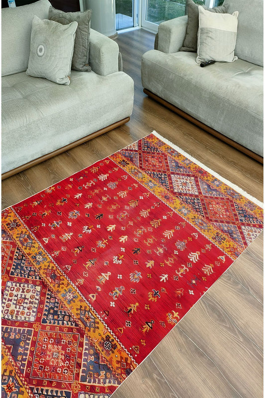 Halı Vagonu110ı Etnik Anadolu Halısı Dekoratif Salon Halısı Saçaklı Yıkanabilen Halı