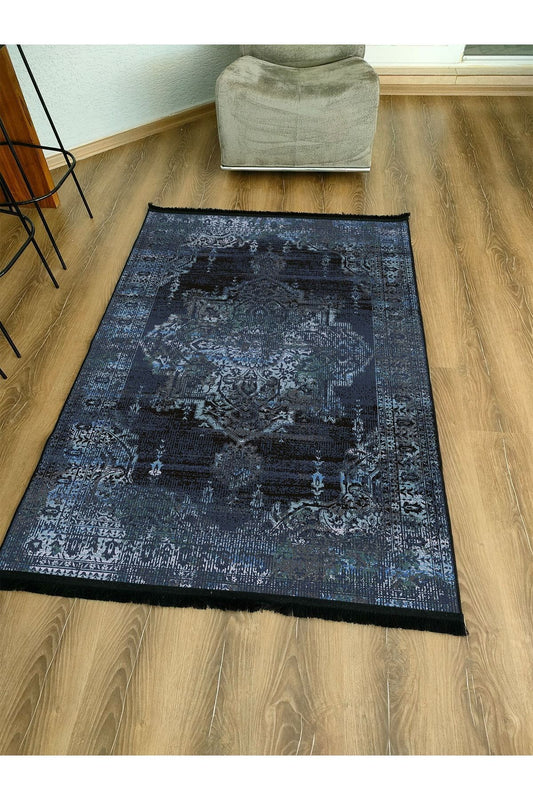 Halı Vagonu Serisi Lacivert Eskitme Antika Desen Kaymaz Taban Şönil Halı