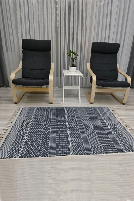 Cotton Serisi Lacivet Taban Üstünde Beyaz Geometrik Otantik Dekoratif Dokuma Taban Kilim