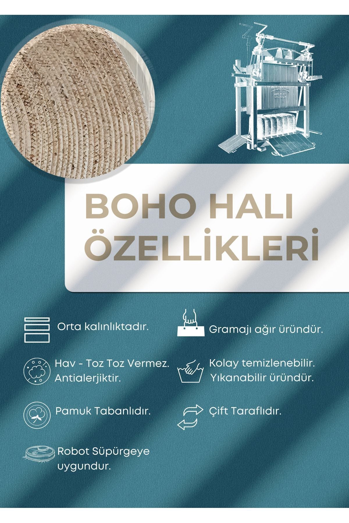 Boho 973 Home Sweet Home Temalı Etnik Desenli Yuvarlak Jüt Örme Doğal Hasır Kilim Daire Halı