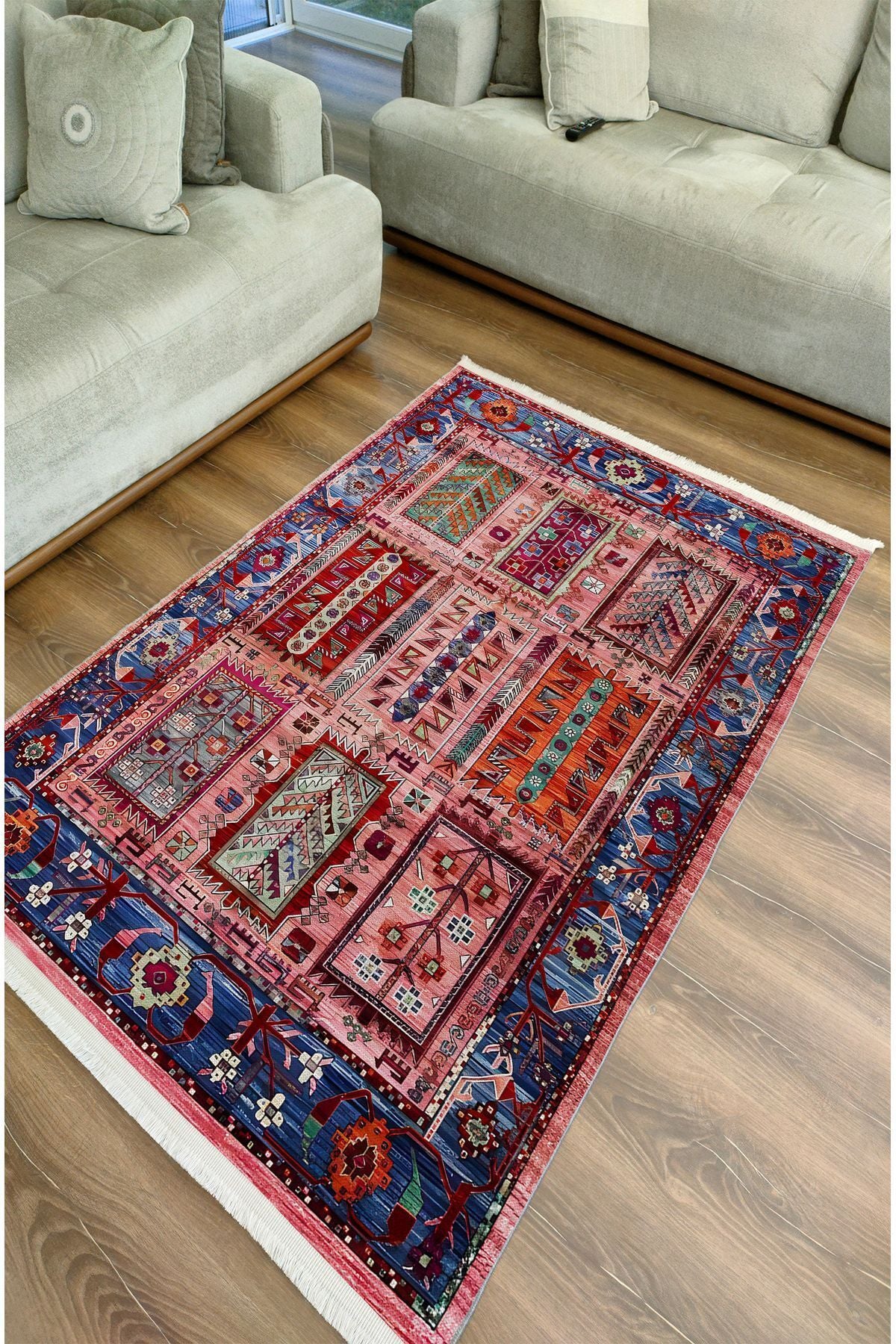 Renkli Klasik Desenli Yıkanabilir Kaymaz Salon Halısı, Koridor ve Mutfak Halısı Kilim 66