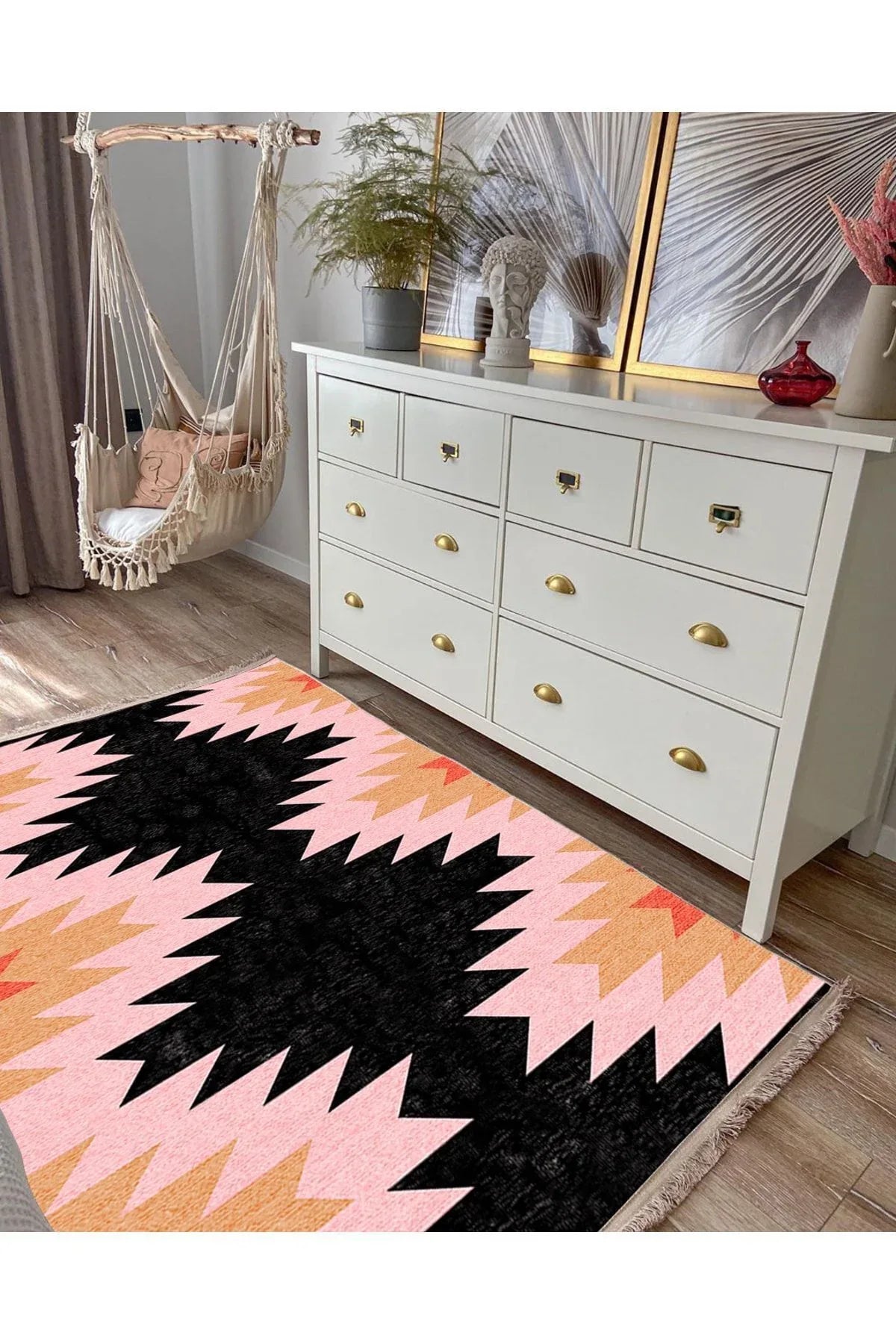 Cotton Serisi Siyah Ve Pembe Tonlarında Geometrik Desen Dekoratif Dokuma Taban Kilim - HALI VAGONU