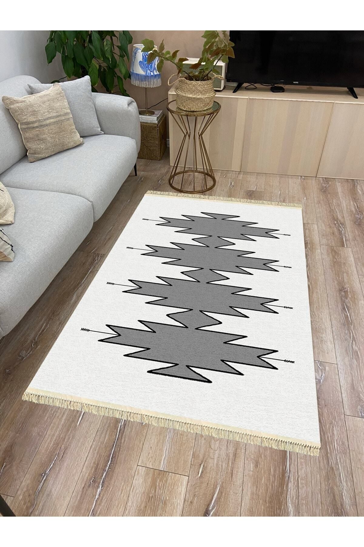 Cotton Serisi Açık Gri Ve Gri Tonunda Geometrik Desen Dekoratif Dokuma Taban Kilim