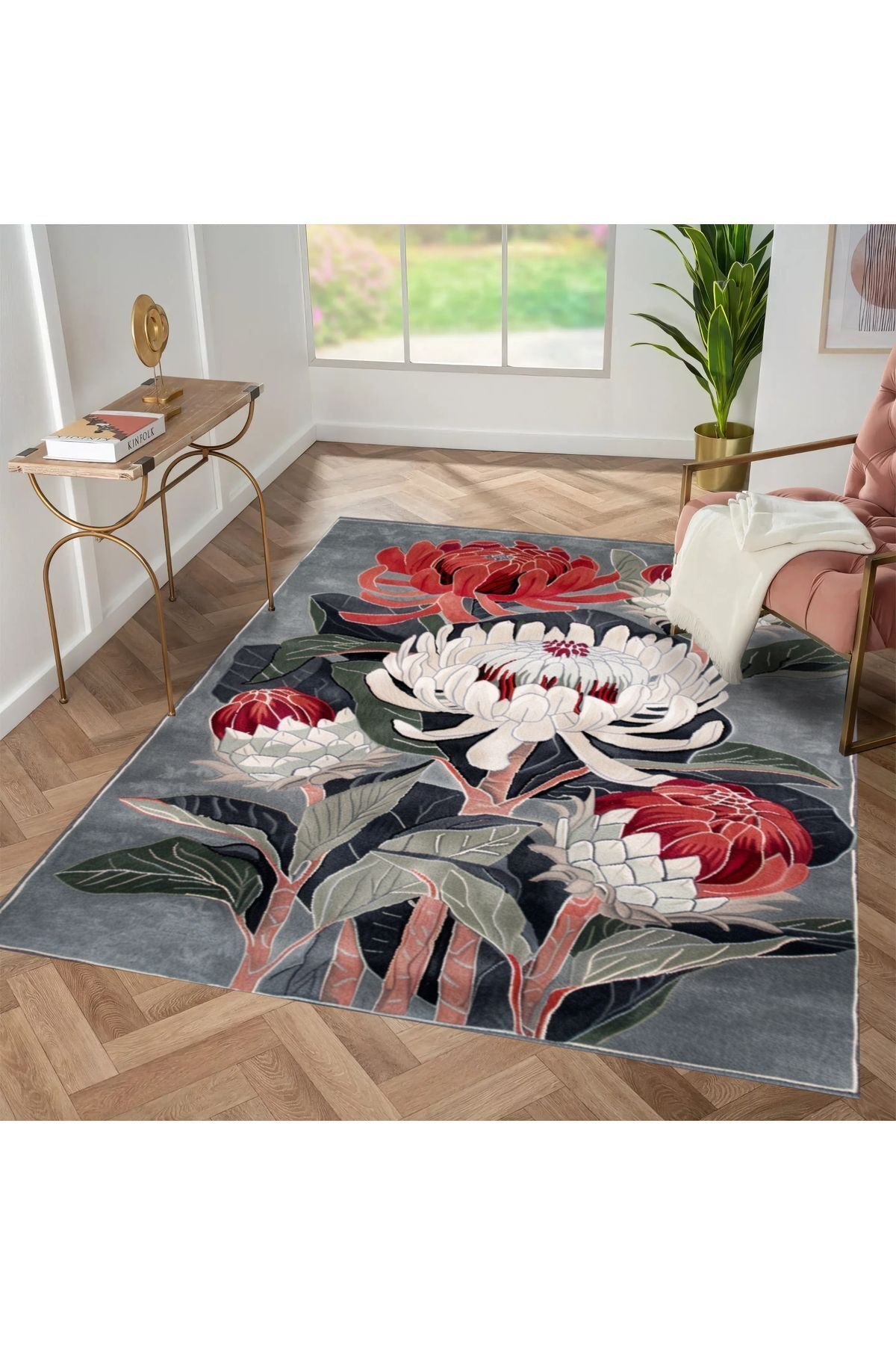 Halı Vagonu 147 Yeşil Kırmızı Büyük Çiçekli Floral Dokuma Taban Halı