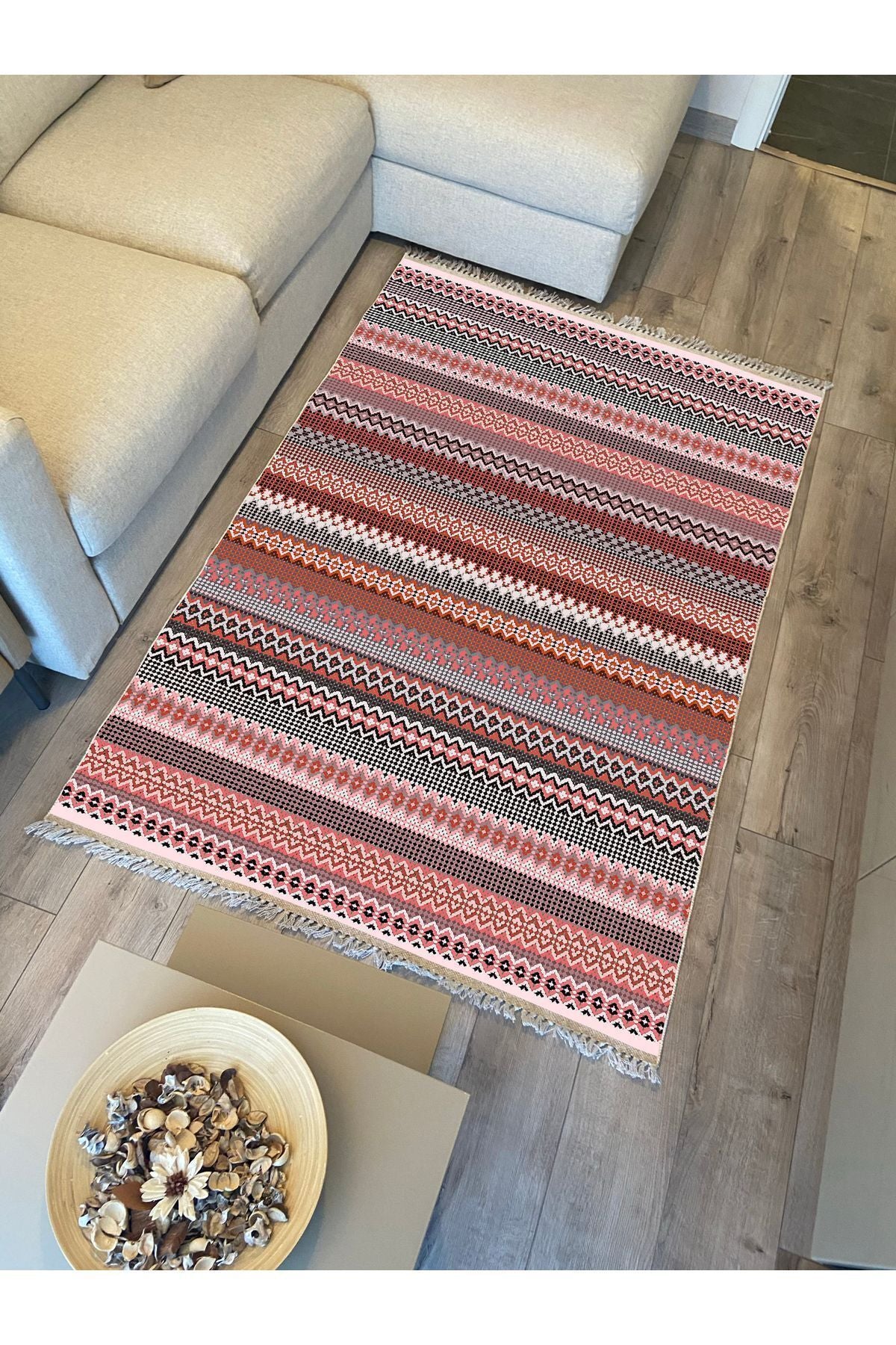 Cotton Kilim 22 Fuşya Zeminli Çizgili Desenli Dekoratif Yıkanabilen Dokuma Taban Kilim