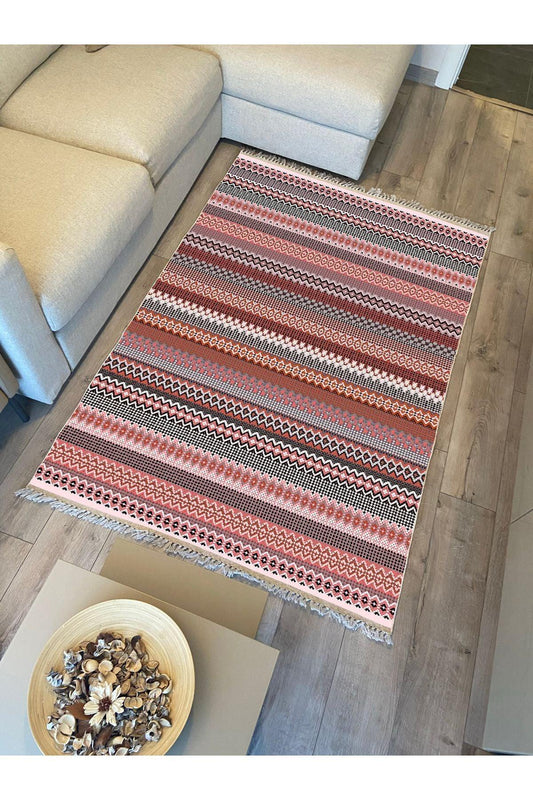 Cotton Kilim 22 Fuşya Zeminli Çizgili Desenli Dekoratif Yıkanabilen Dokuma Taban Kilim - HALI VAGONU