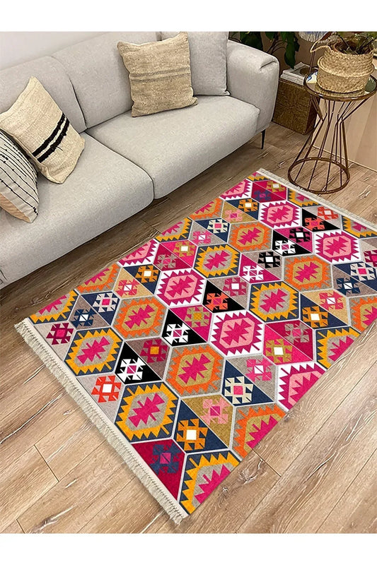 Cotton Serisi Pembe Ve Kahverengi Tonlarında Geometrik Desen Dekoratif Dokuma Taban Kilim - HALI VAGONU
