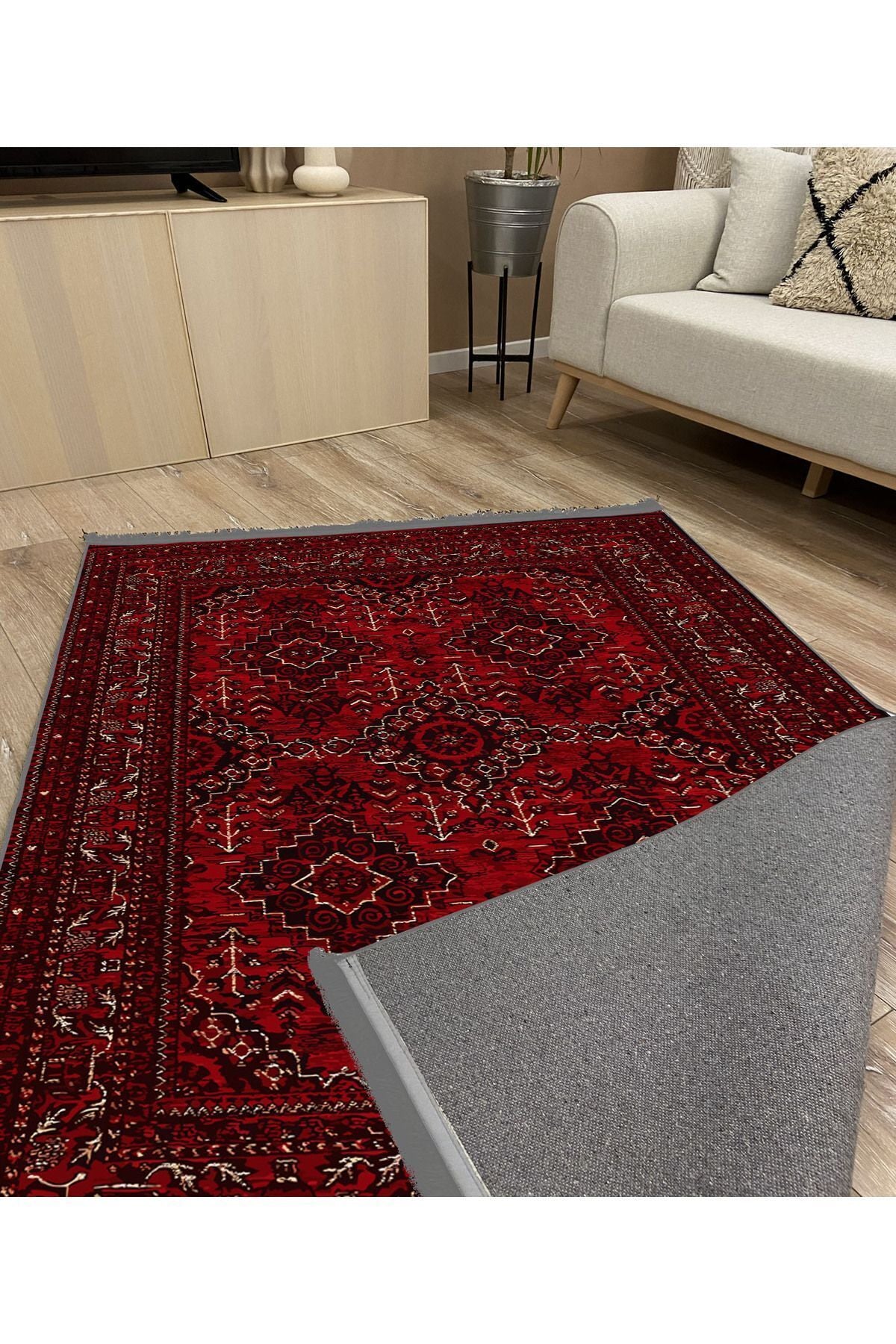 Halı Vagonu 2168 Bordo Tonlarında Geleneksel Klasik Yıkanabilen Dekoratif Halı
