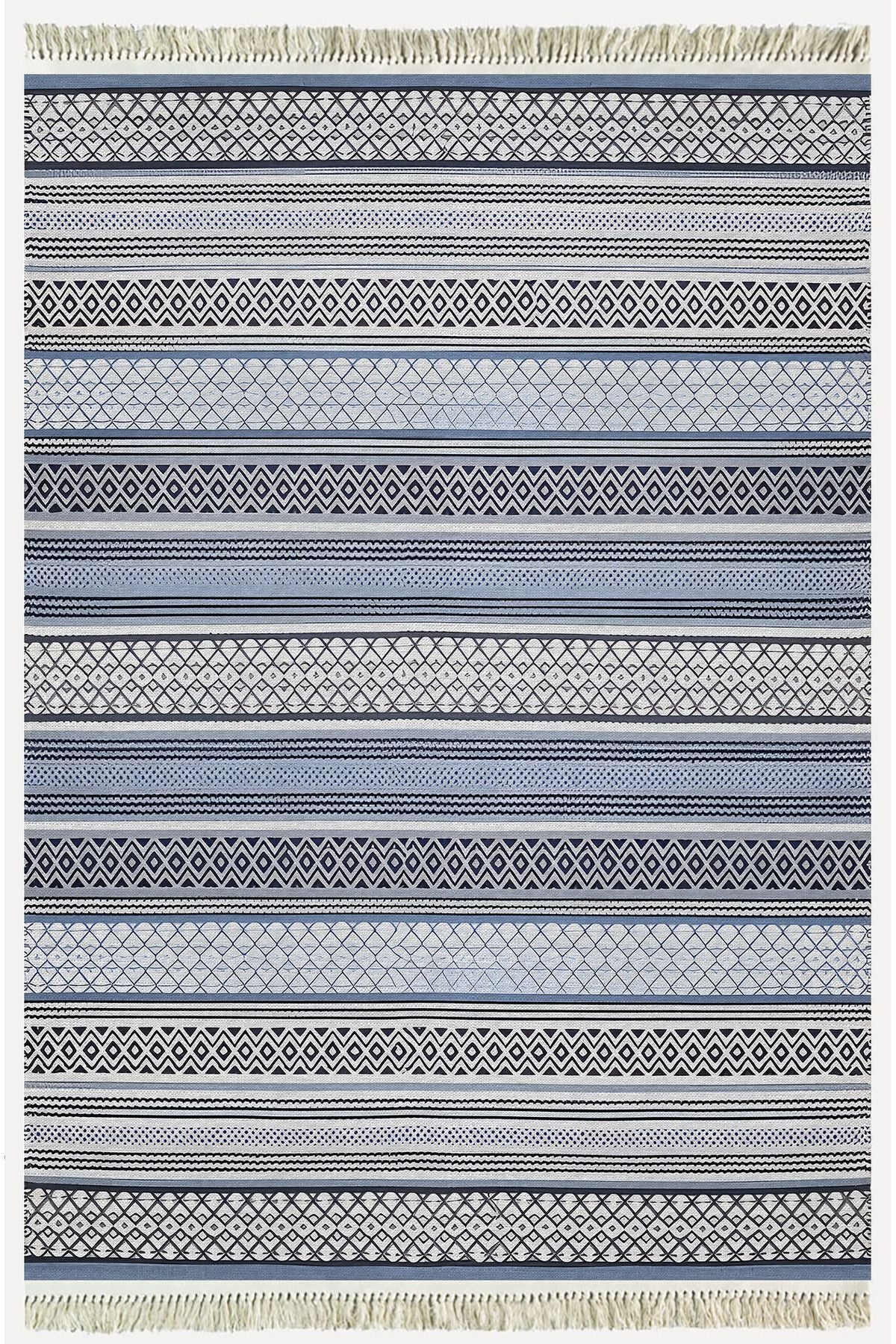 Cotton Kilim 9 Mavi Tonunda Geometrik Desenli Dekoratif Yıkanabilen Dokuma Taban Kilim