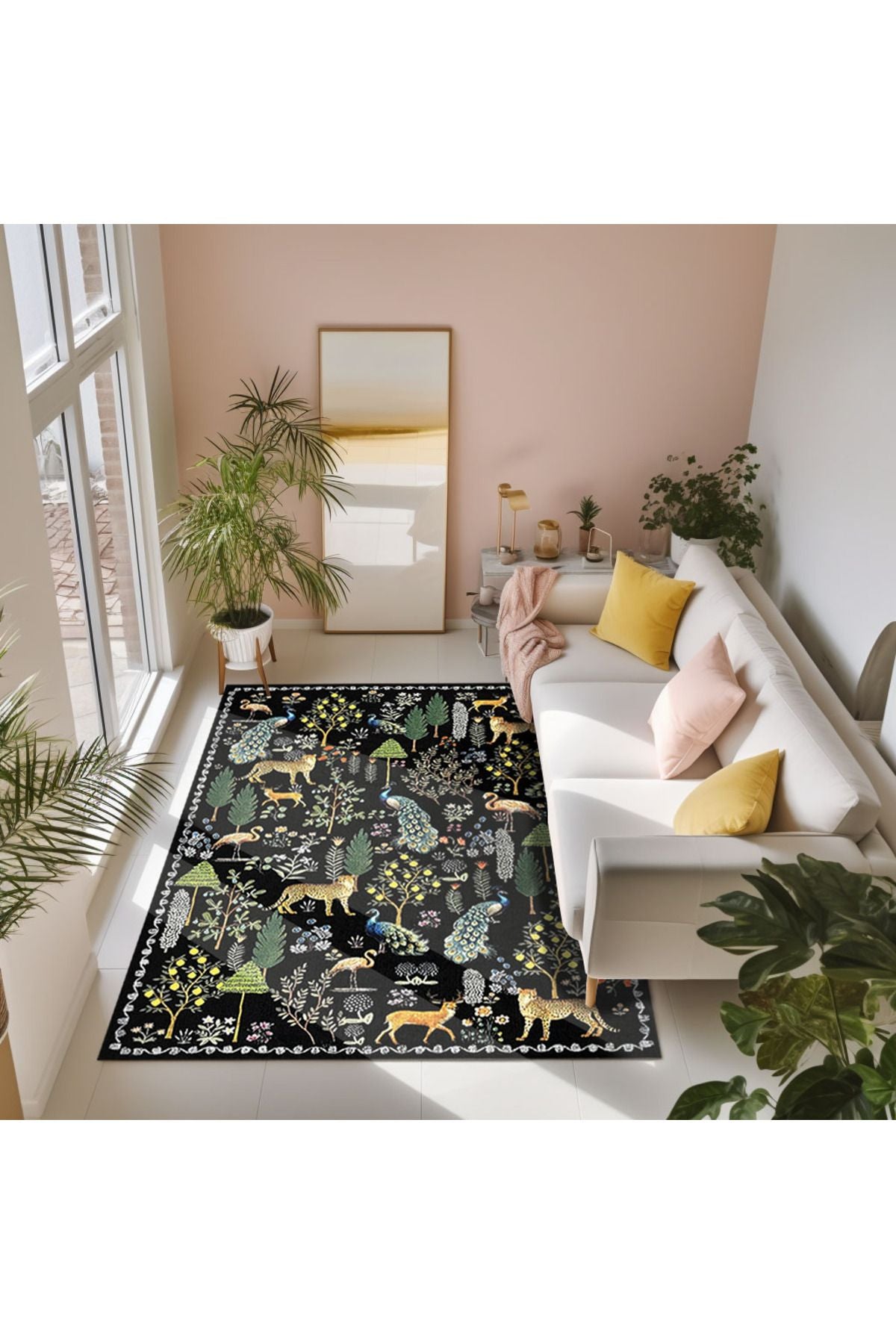 Floral HV Haki Pastel Çok Renkli Botanik Tema Dokuma Taban Halı Salon Halısı Çocuk Halısı HV 253