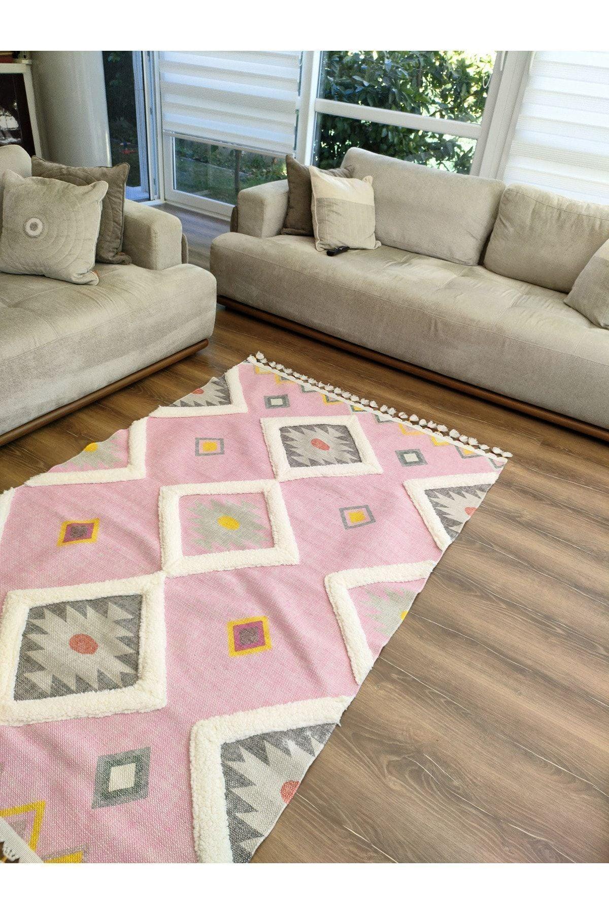 Tafting Kilim Serisi Üzeri Peluşlu Dokuma Taban Dekoratif Kilim - HALI VAGONU