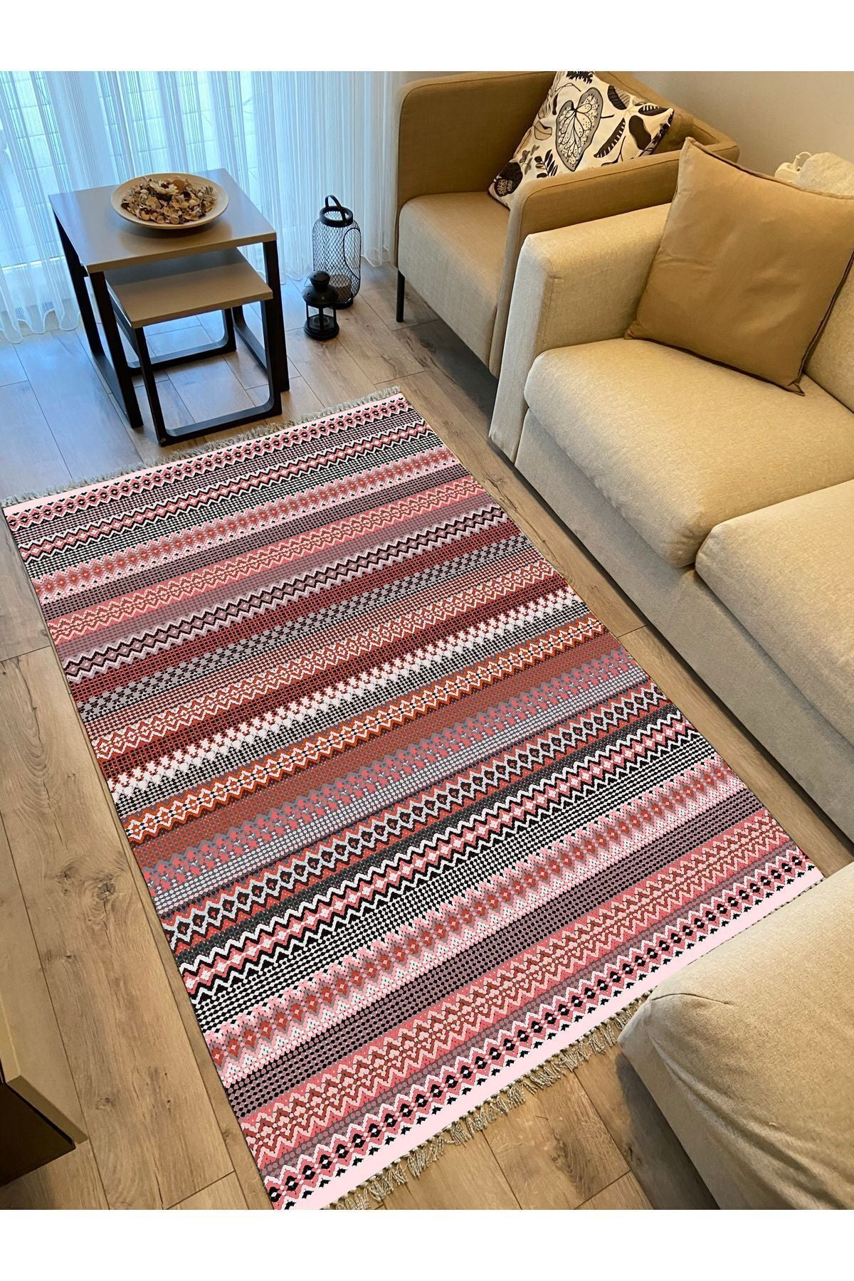 Cotton Kilim 22 Fuşya Zeminli Çizgili Desenli Dekoratif Yıkanabilen Dokuma Taban Kilim