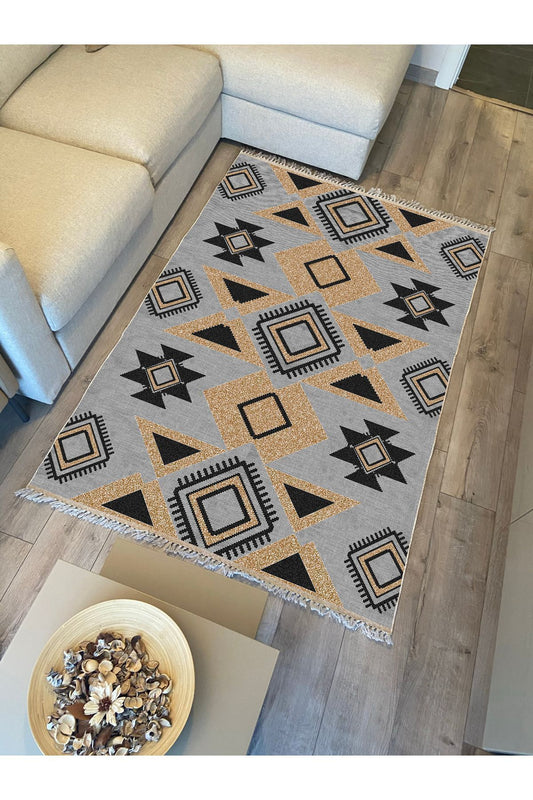 Cotton Kilim 49 Gri Zeminli Geneleksel Motifler Modern Dekoratif Yıkanabilen Dokuma Kilim
