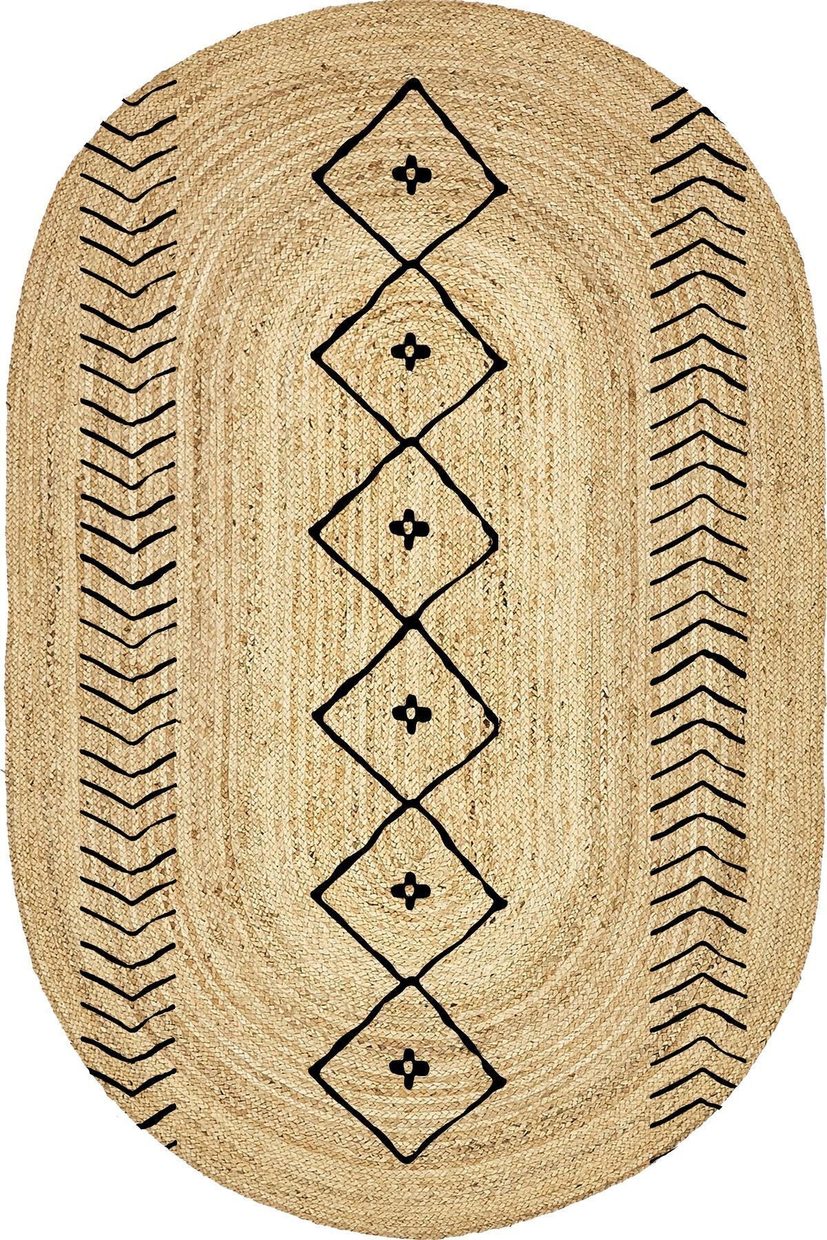 Boho 956 Oval Siyah Etnik Desenli Jüt Rengi Örgü Yuvarlak Natural Çift Taraflı Halı