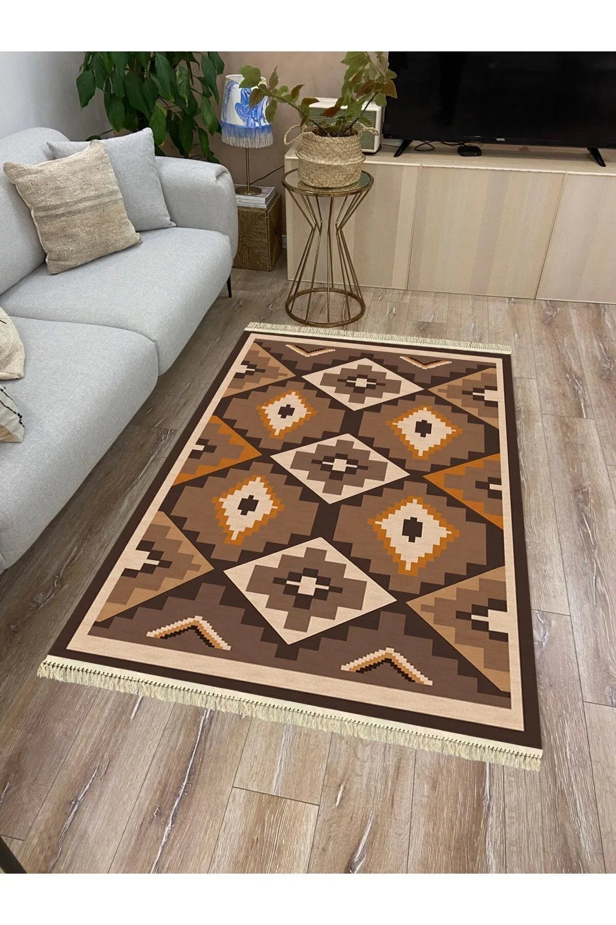 Cotton Serisi Siyah Ve Kahve Tonlarında Geometrik Eskitme Desenli Dekoratif Dokuma Taban Kilim - HALI VAGONU