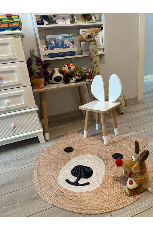 Boho 958 Sevimli Ayıcık Örgü Taban Yuvarlak Natural Çift Taraflı Çocuk ve Bebek Odası Halı - HALI VAGONU