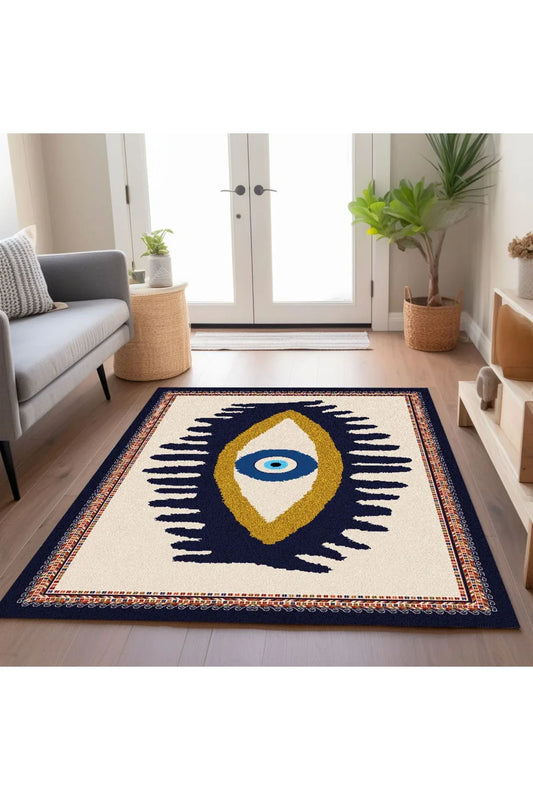 Göz Temalı Mavi Pastel Tonlarında Nazar Boncuğu Dokuma Taban Salon Halısı Çocuk Halısı HV 252 - HALI VAGONU