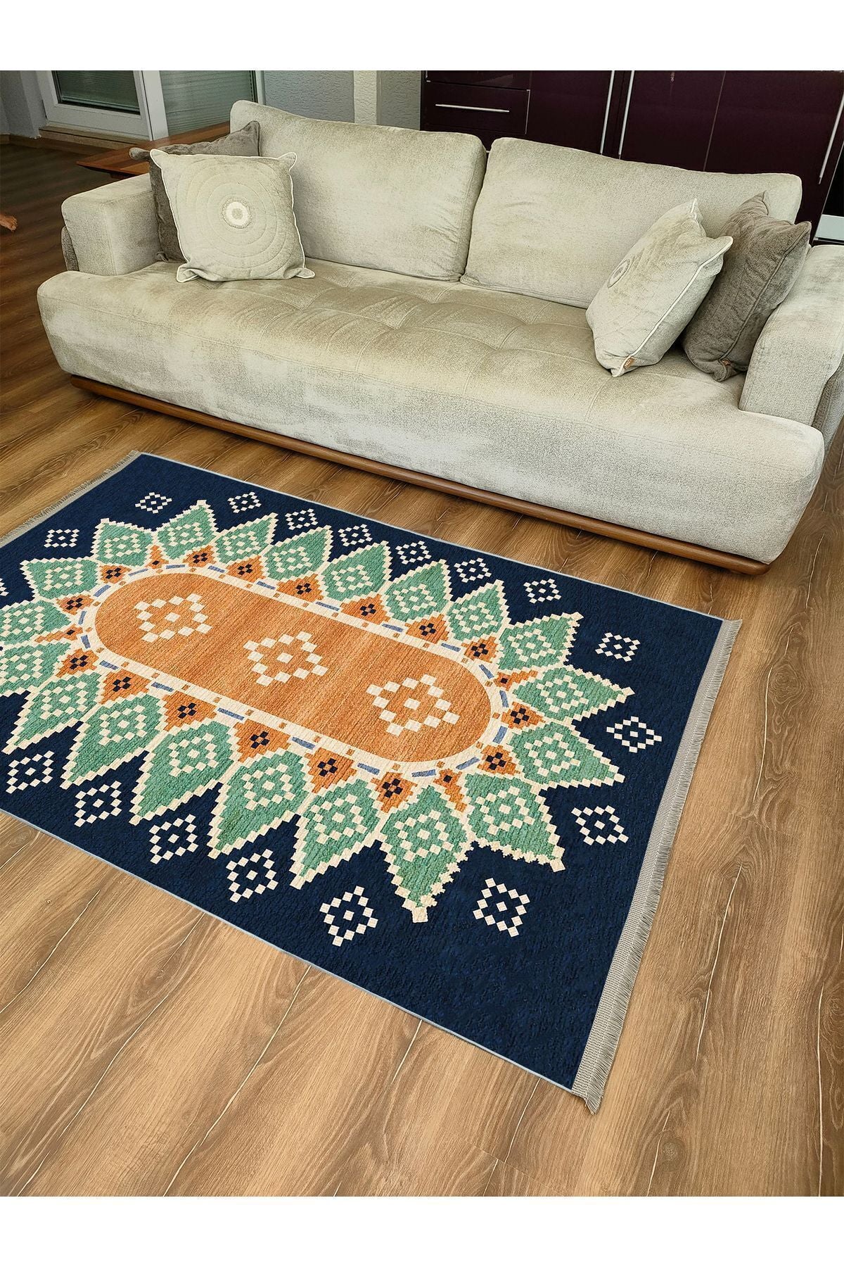 Halı Vagonu114 Mavi Tonlarında Klasık Dekoratif Kilim Salon Halısı Saçaklı Yıkanabilen Halı