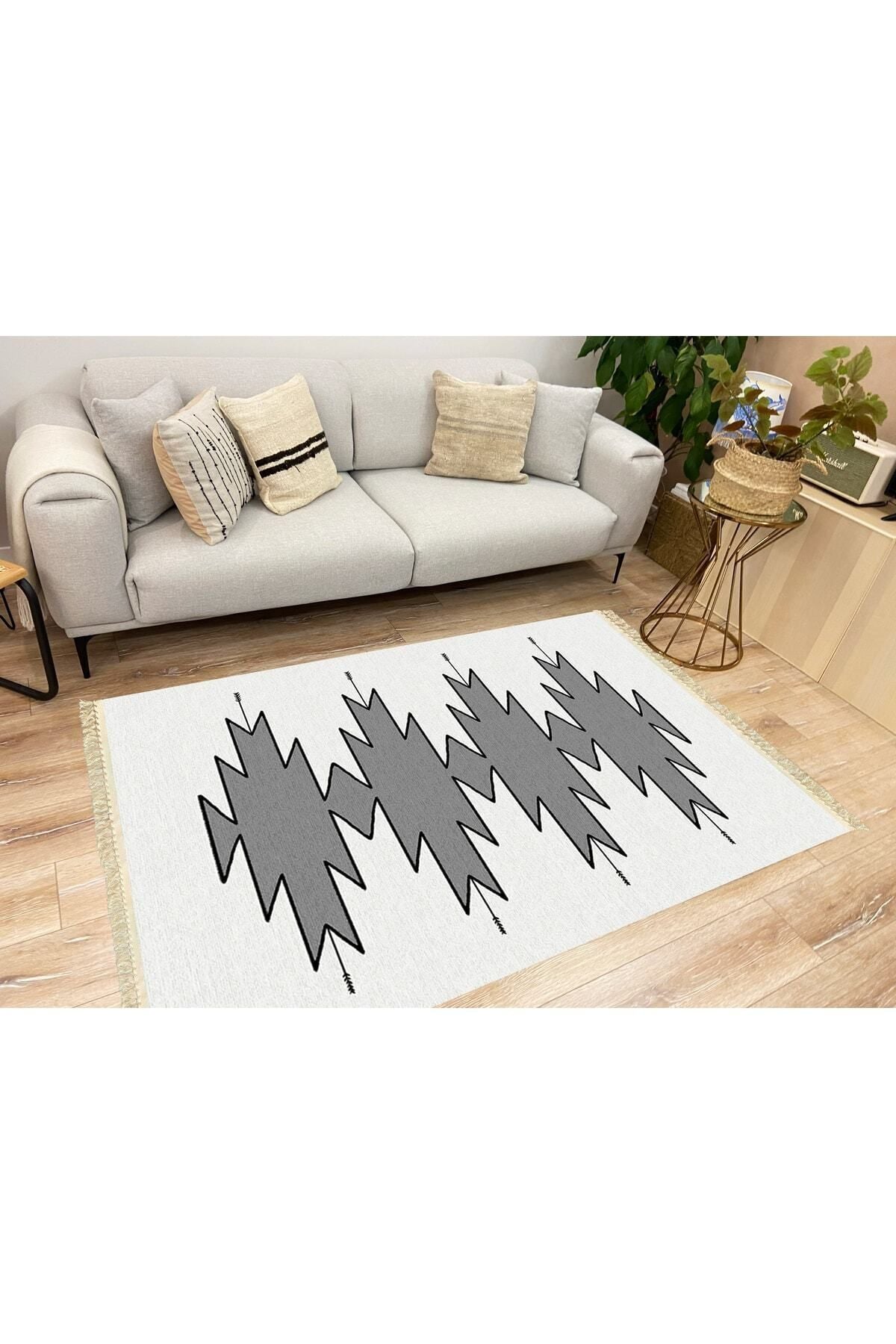 Cotton Serisi Açık Gri Ve Gri Tonunda Geometrik Desen Dekoratif Dokuma Taban Kilim