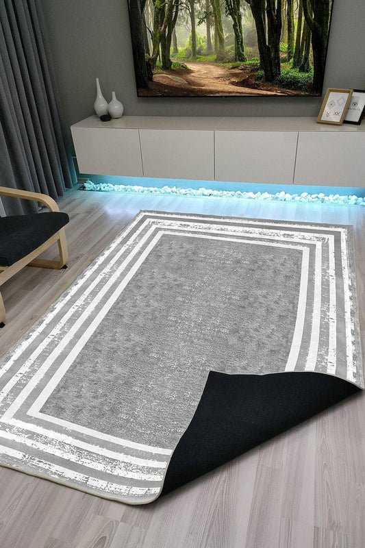 Halı Vagonu 101 Gri Desen Üzerinde Beyaz Şeritli Klasik Dekoratif Kaymaz Taban Halı - HALI VAGONU