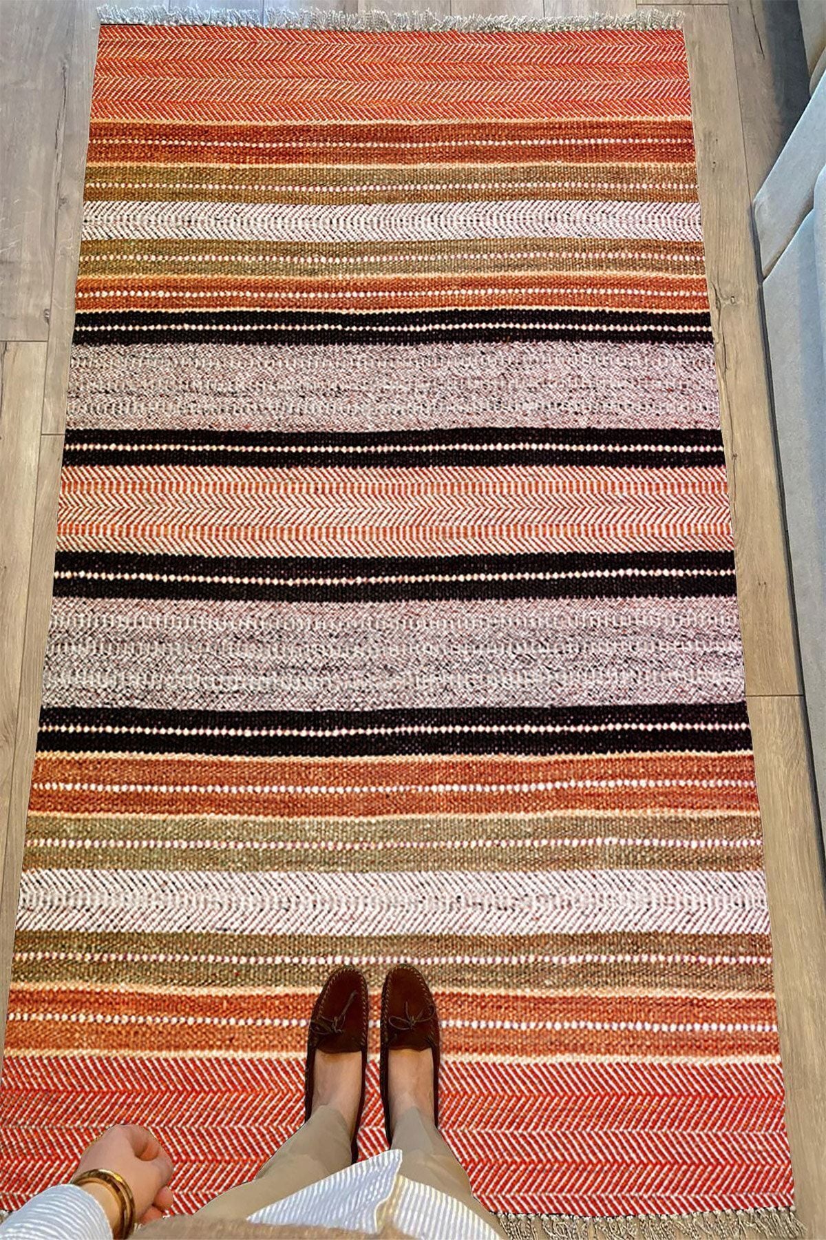 Cotton Serisi Hasır Görümlü Çıtır Düz Çizgili Eskitme Desen Dekoratif Dokuma Taban Kilim
