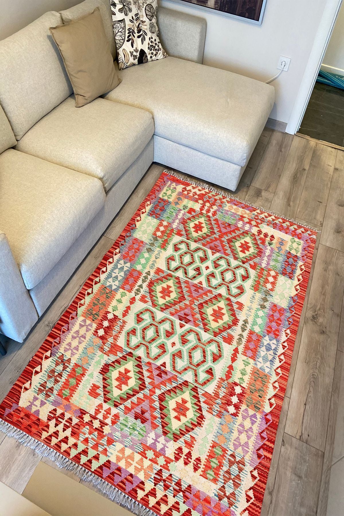 Cotton Kilim 57 Turuncu Geleneksel Motifler Modern Dekoratif Saçaklı Yıkanabilen Dokuma Kilim