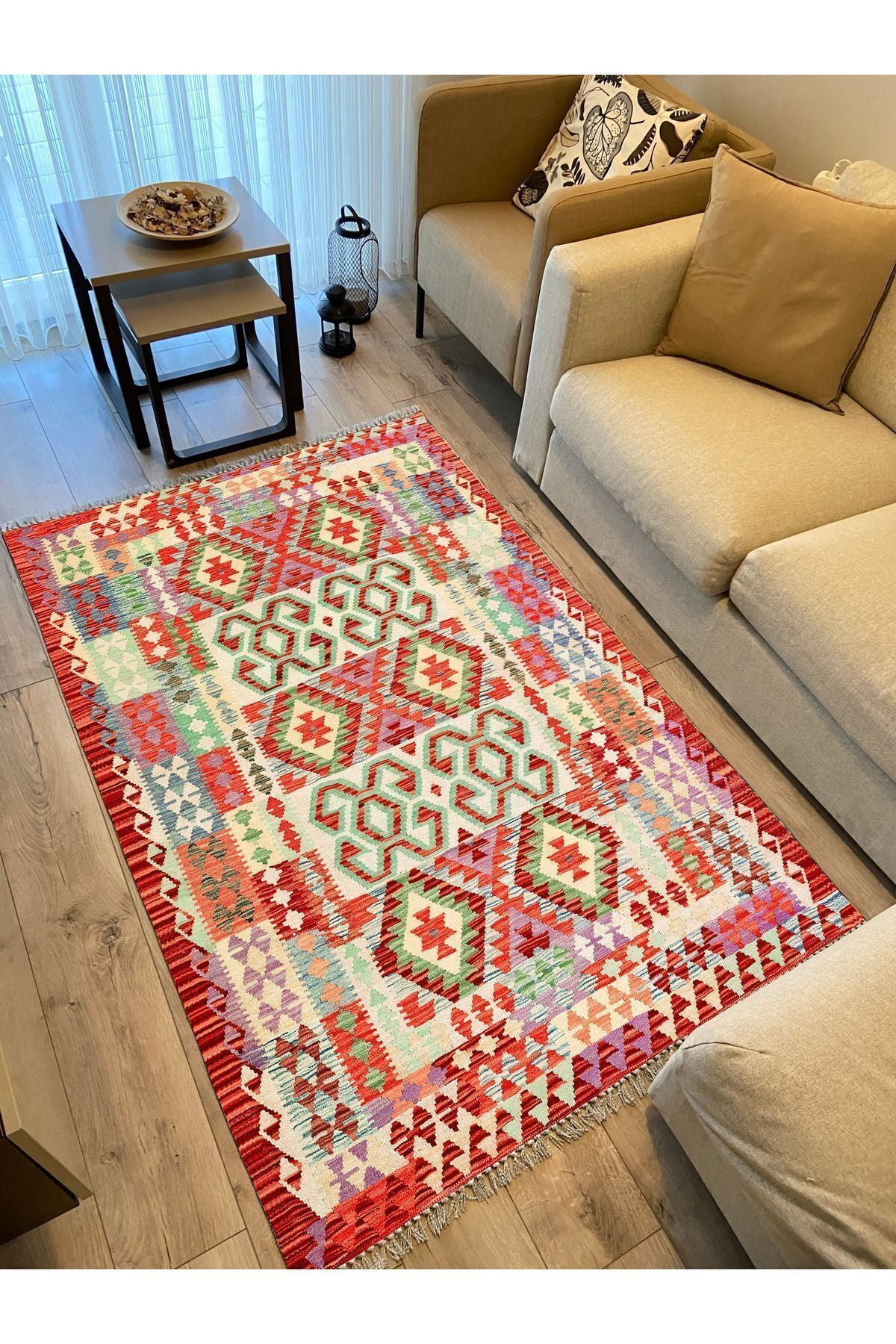 Cotton Kilim 57 Turuncu Geleneksel Motifler Modern Dekoratif Saçaklı Yıkanabilen Dokuma Kilim