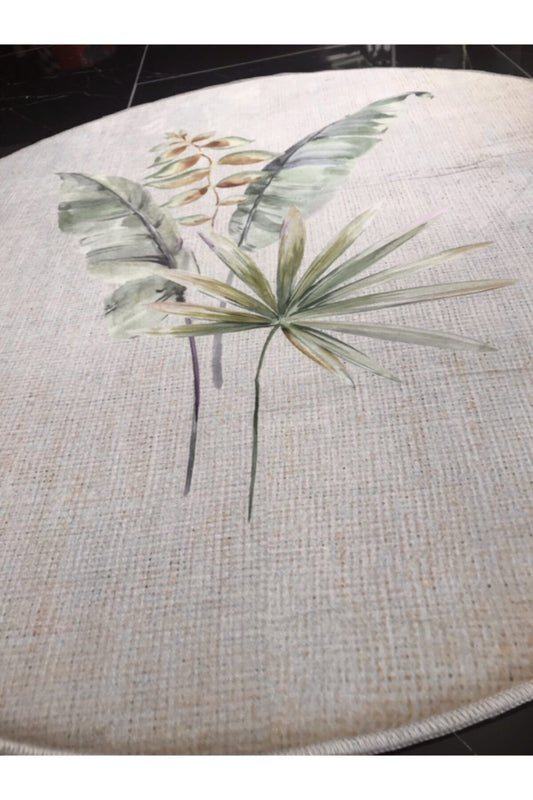 Jüt Efektli Yapraklı Dijital Baskılı Yuvarlak Halı - Jute1103