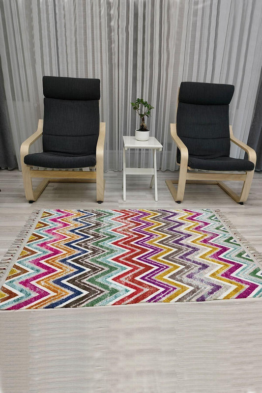 Cotton Serisi Multy Tonlarında Zikzak Eskitme Desenli Dekoratif Dokuma Taban Kilim - HALI VAGONU