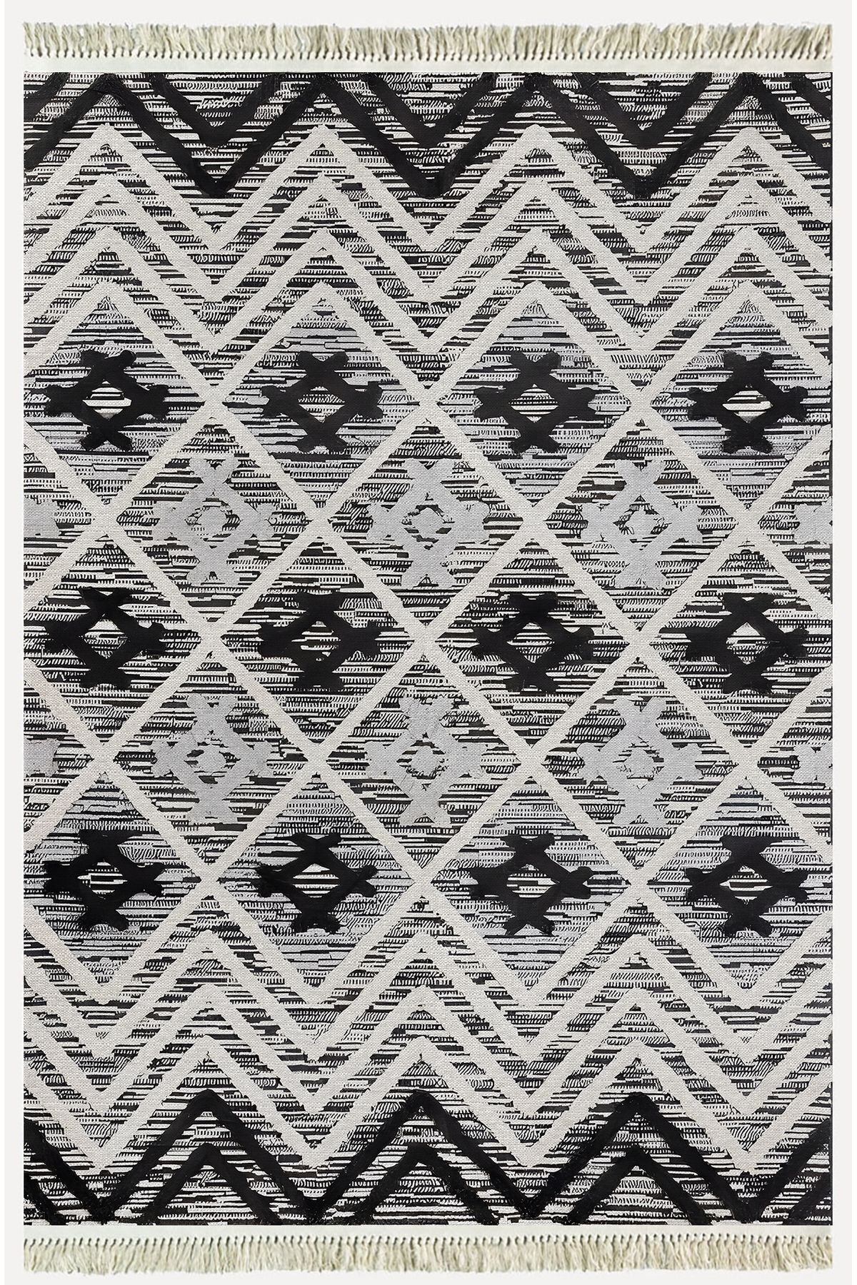 Cotton Kilim 15 Gri Zeminli Çizgili Desenli Dekoratif Yıkanabilen Dokuma Taban Kilim