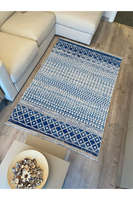 Cotton Kilim 13 Mavi Zeminli Çizgili Desenli Dekoratif Yıkanabilen Dokuma Taban Kilim - HALI VAGONU