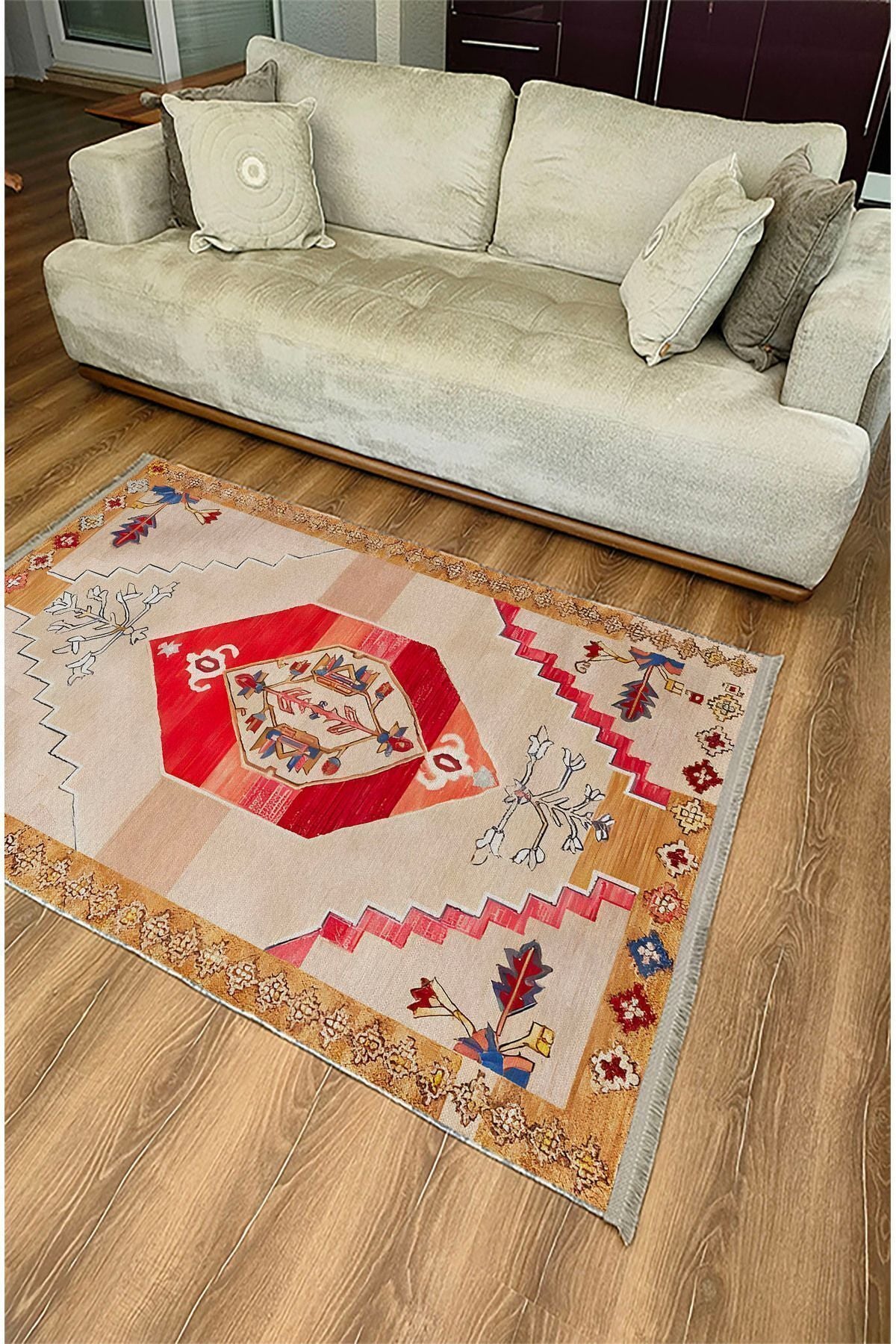 Halı Vagonu113 Etnik Clasik Halısı Dekoratif Salon Halısı Saçaklı Yıkanabilen Halı