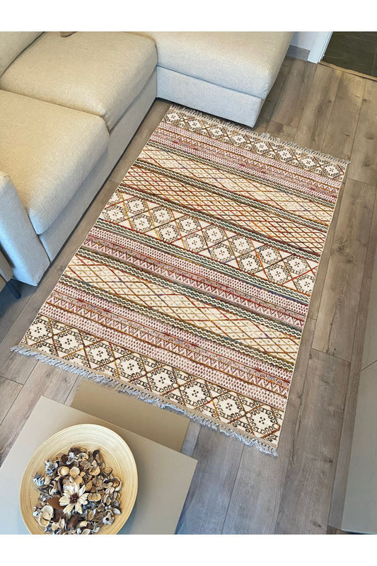 Cotton Kilim 63 Multu Iskandinav Motifler Modern Dekoratif Saçaklı Yıkanabilen Dokuma Kilim