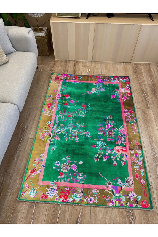 Halı Vagonu 79 Yeşil Tonlarında Çiçek Temalı Dekoratif Salon Halısı Saçaklı Yıkanabilen Halı