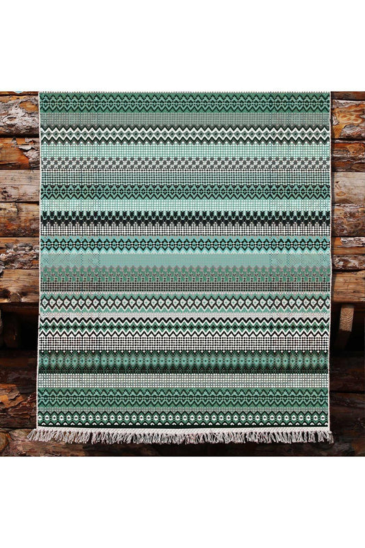 Cotton Kilim 21 Yeşil Zeminli Çizgili Desenli Dekoratif Yıkanabilen Dokuma Taban Kilim - HALI VAGONU