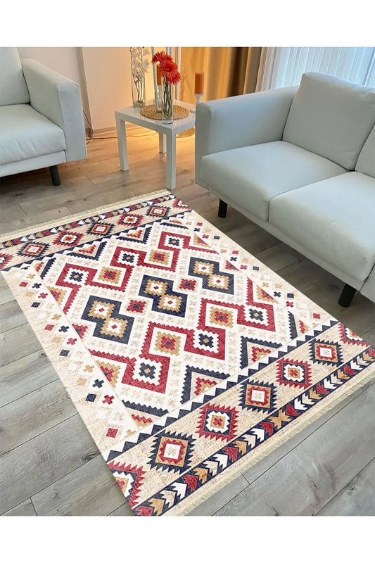 Cotton Serisi Multy Tonlarında Geometrik Hasır Görünümlü Otantik Dekoratif Dokuma Taban Kilim - HALI VAGONU