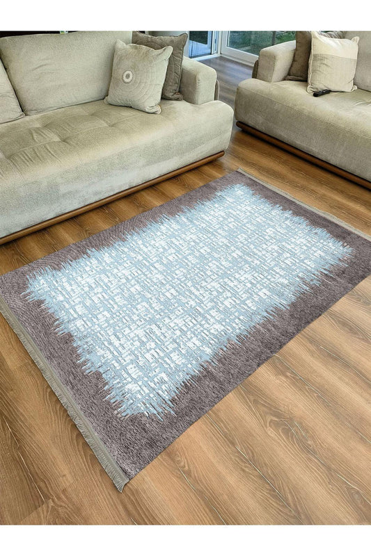 Halı Vagonu Serisi Mavi Tonlarında Çerçeveli Etnik Desen Kaymaz Taban Şönil Halı - HALI VAGONU