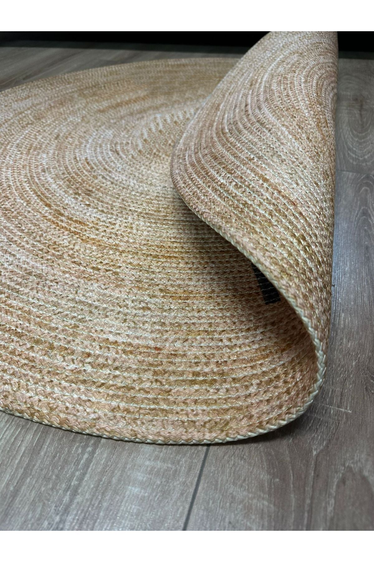 Boho 956 Oval Siyah Etnik Desenli Jüt Rengi Örgü Yuvarlak Natural Çift Taraflı Halı