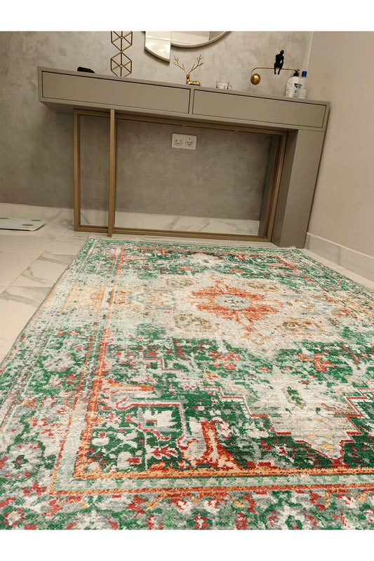 Halı Vagonu Yeşil Tonlarında Etnik Eskitme Pamuk Dokuma Taban Halı E38 - HALI VAGONU