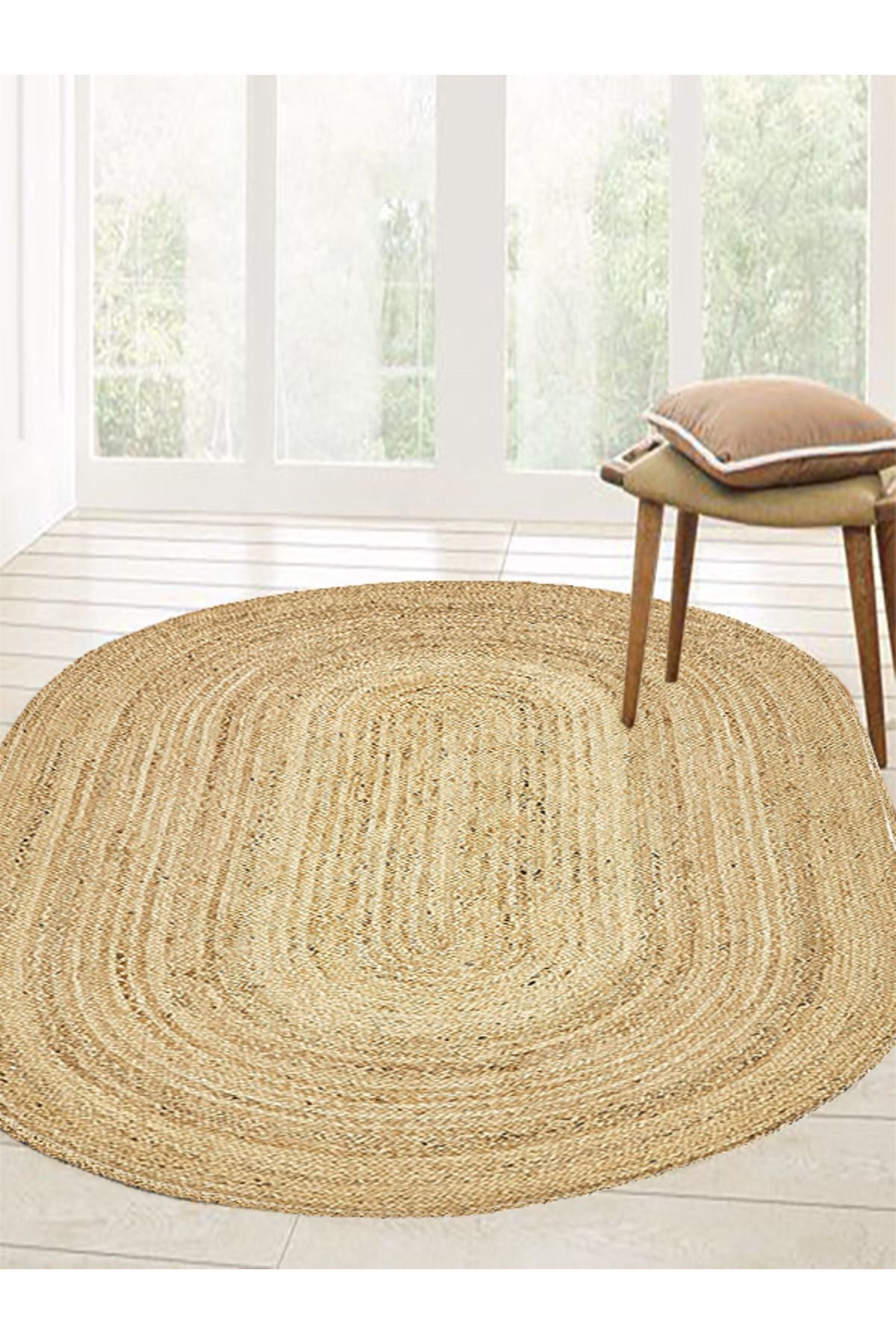 Boho 974 Oval Doğal Jüt Rengi Örgü Yuvarlak Natural Çift Taraflı Halı