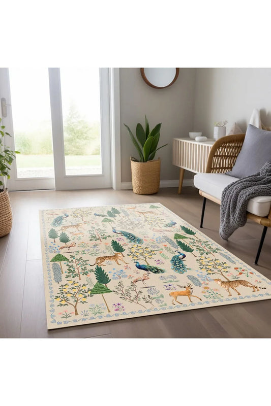 Floral Bej Tonlarında Pastel Botanik Tema Dokuma Taban Salon Halısı Çocuk halısı mars254 - HALI VAGONU