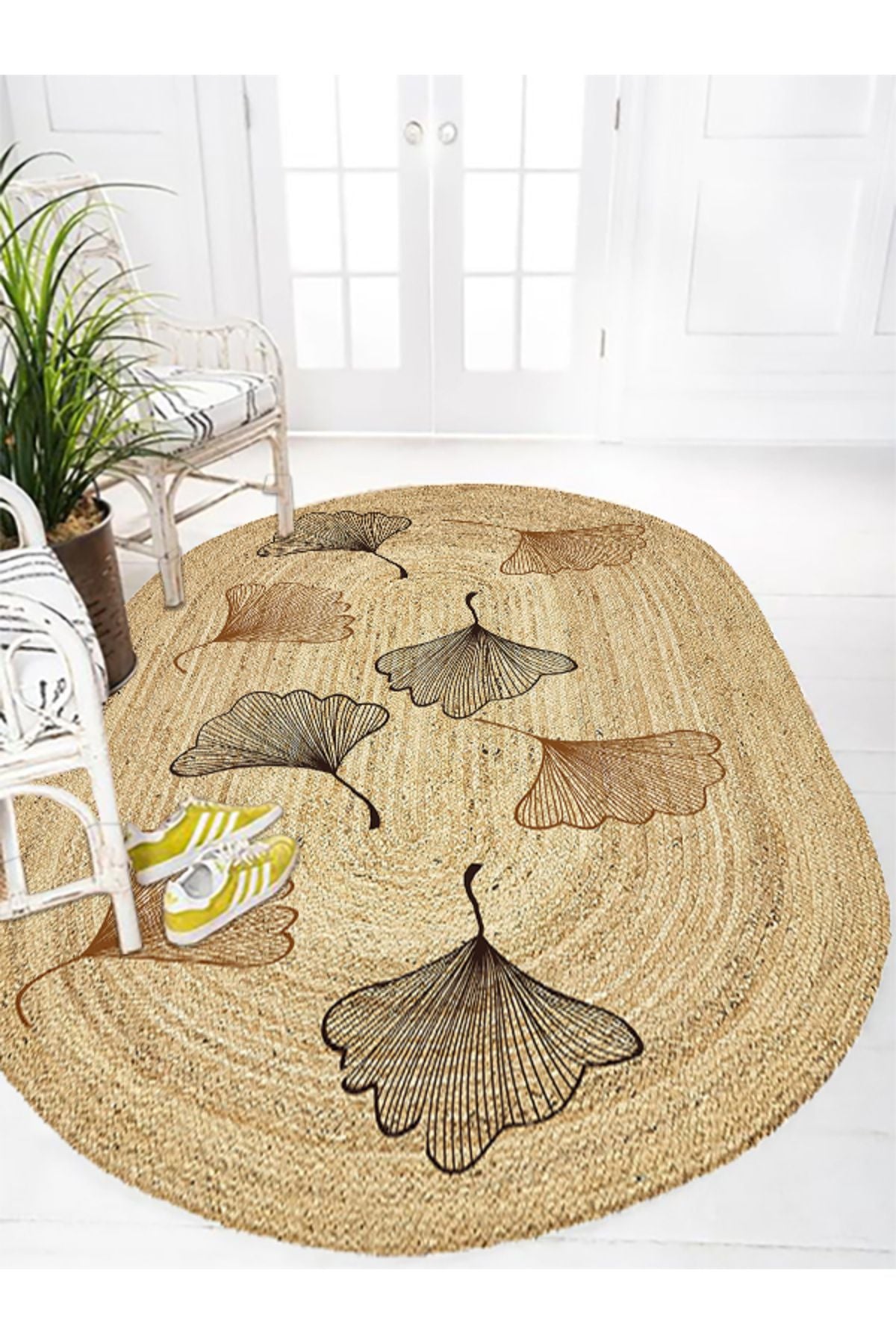 Boho 982 Oval Siyah Yel Motifli Etnik Desenli Jüt Rengi Örgü Yuvarlak Natural Çift Taraflı Halı