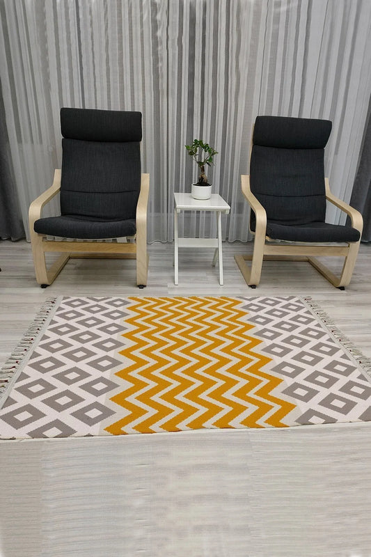 Cotton Serisi Sarı Zikzak Ve Gri Baklava Geometrik Desenli Dekoratif Dokuma Taban Kilim - HALI VAGONU