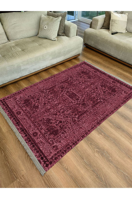 Halı Vagonu Halı 2081 Bordo Tonunda Dekoratif Halı Salon Halısı Saçaklı Yıkanabilen Halı