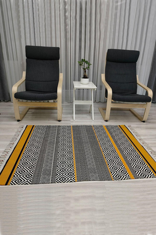 Cotton Kilim 3004 Sarı Siyah Geometrik Desenli Dekoratif Dokuma Taban Kilim - HALI VAGONU